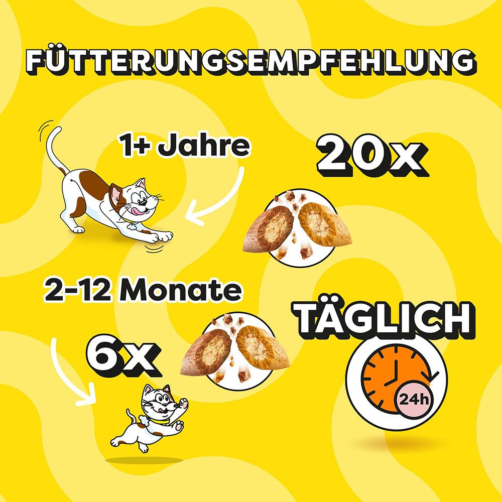 Dreamies Snacks Fütterungsempfehlung: 6x täglich für 2-12 Monate alte Kätzchen, 20x täglich für Katzen ab 1 Jahr.