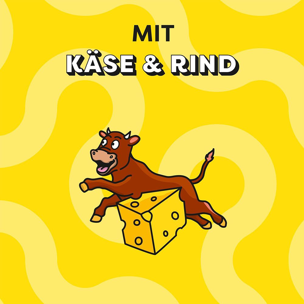 Dreamies Snacks: Mit Käse & Rind. Illustration einer Kuh auf einem Käseblock.