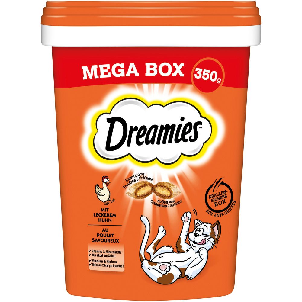 Dreamies Mega Box mit Huhn, 350g, orangefarbener Behälter mit Katze und Huhn-Illustration.