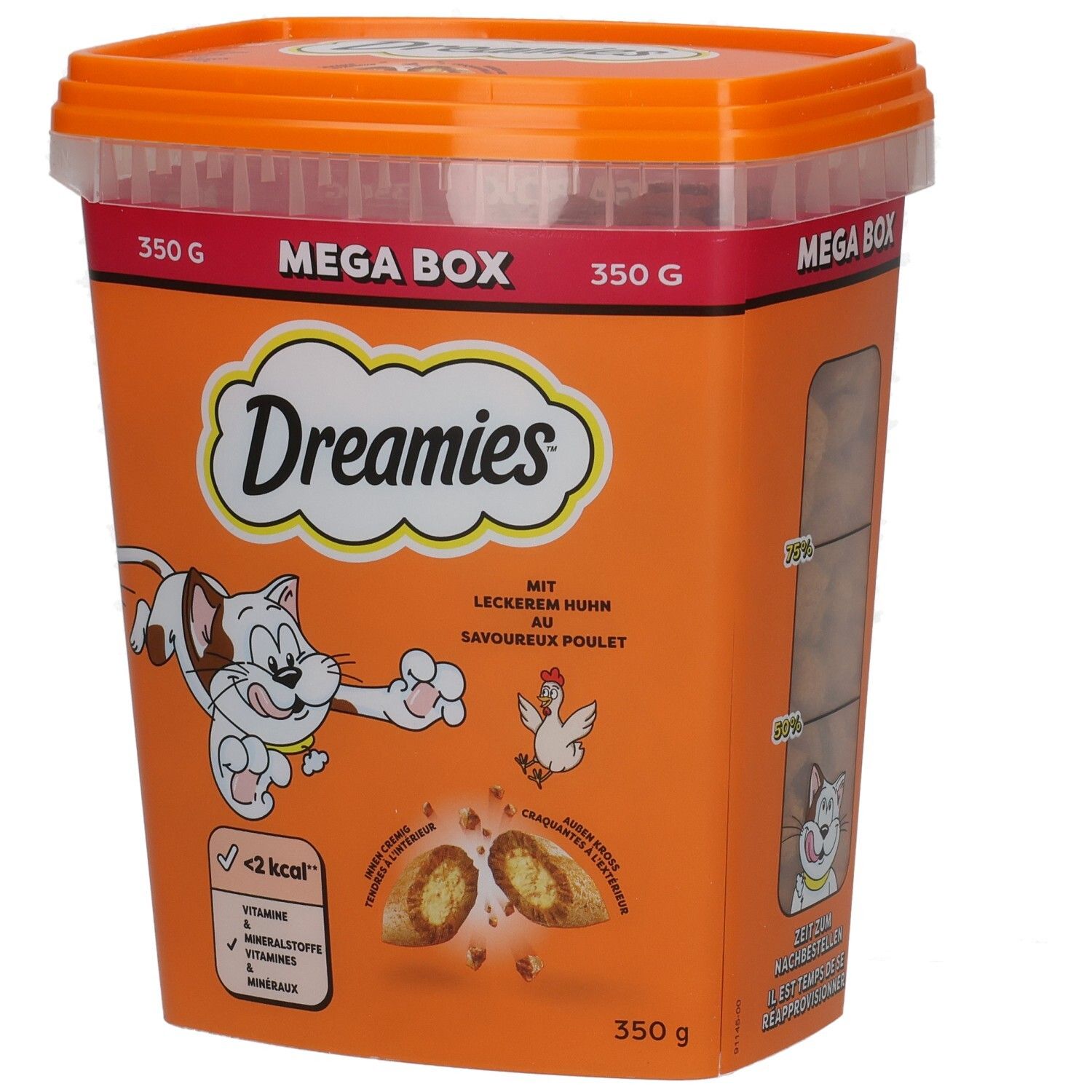 Dreamies Mega Box mit Huhn, 350g, Vorder- und Seitenansicht des orangefarbenen Behälters.