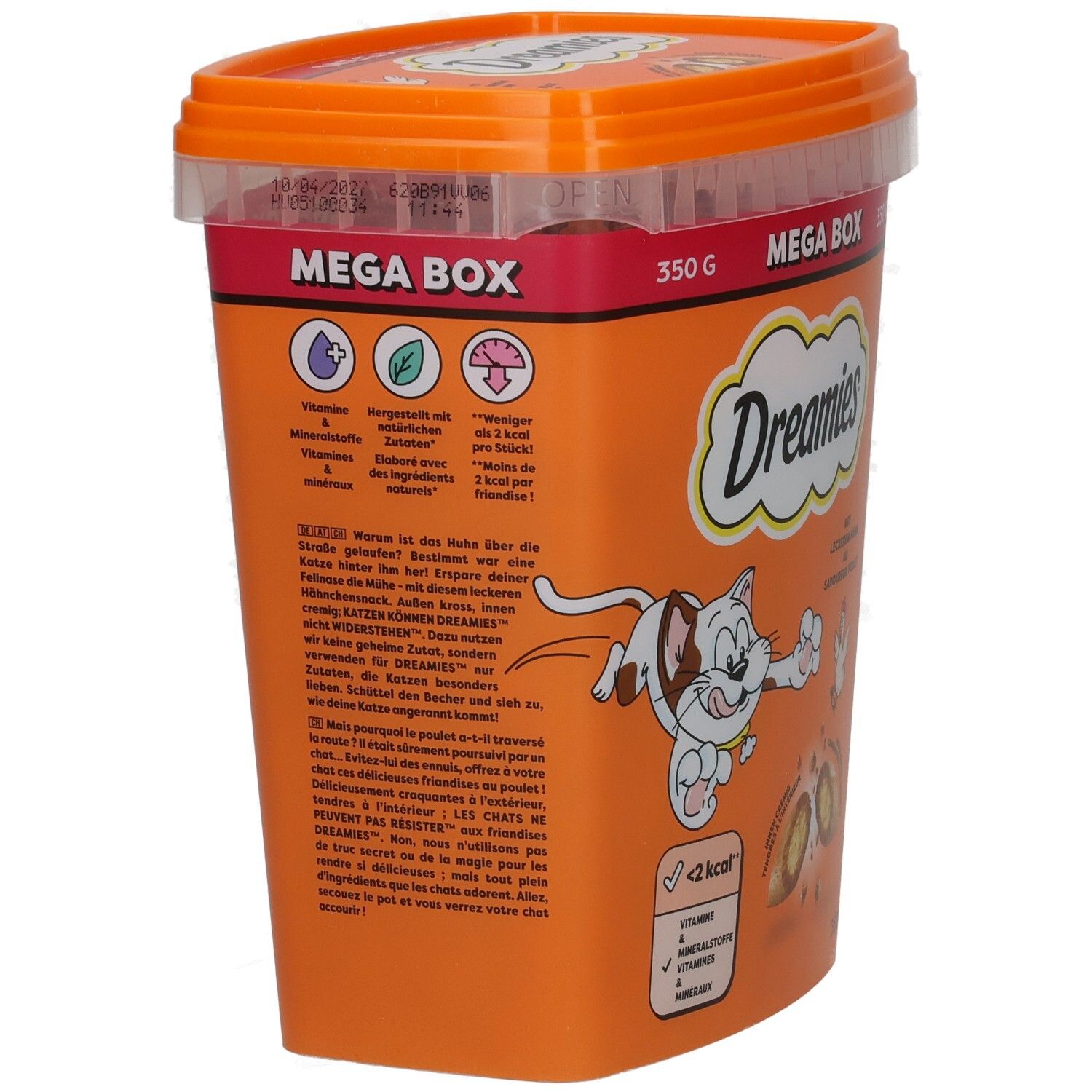 Dreamies Mega Box mit Huhn, 350g, Rückseite des orangefarbenen Behälters mit Produktinformationen.
