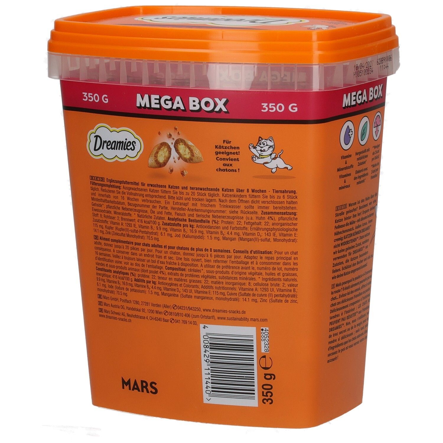 Dreamies Mega Box mit Huhn, 350g, Seitenansicht mit Sichtfenster auf die Snacks.