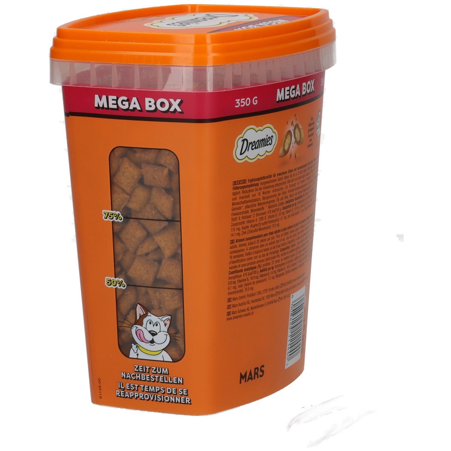 Dreamies Mega Box mit Huhn, 350g, Vorderseite des orangefarbenen Behälters mit Katze und Huhn.