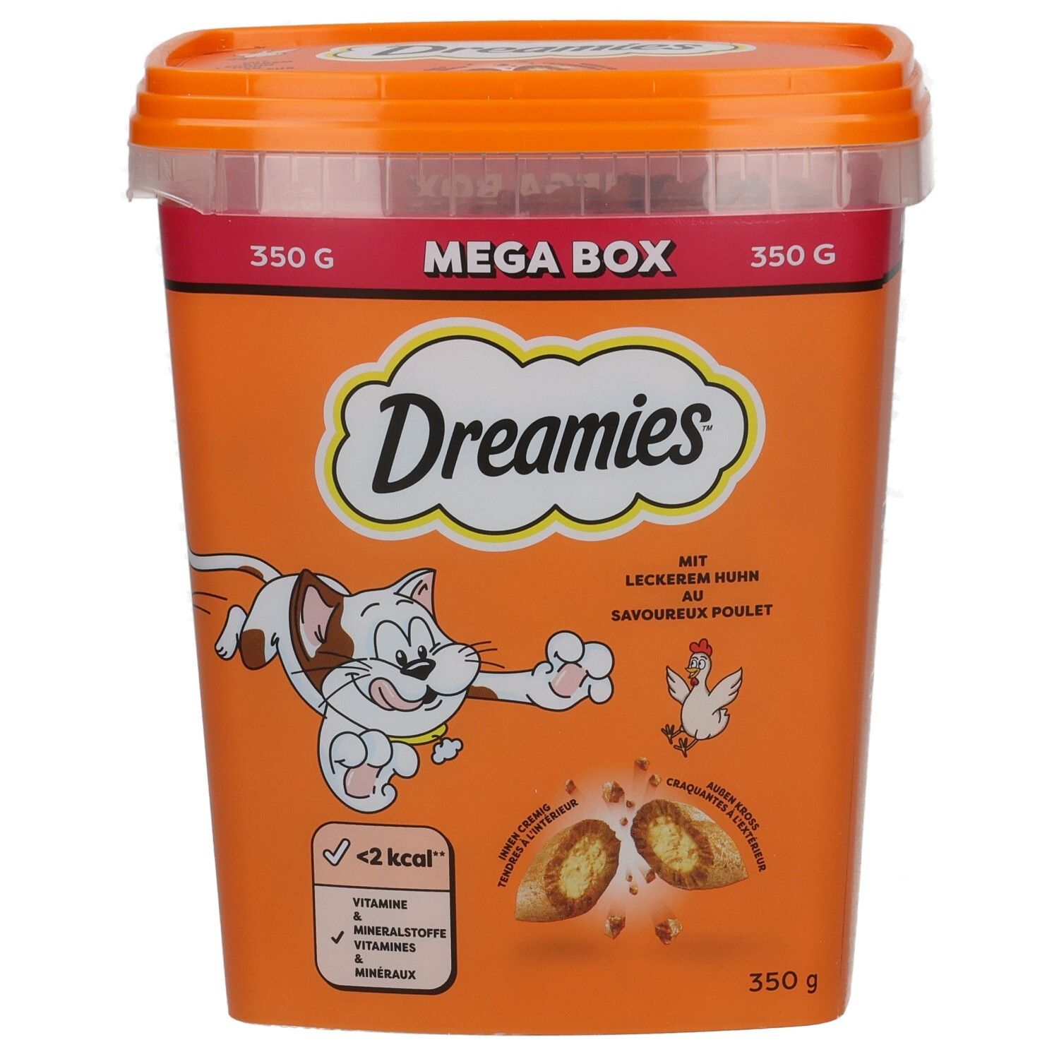 Dreamies Mega Box mit Huhn, 350g, Vorderseite mit Illustrationen und Produktmerkmalen.