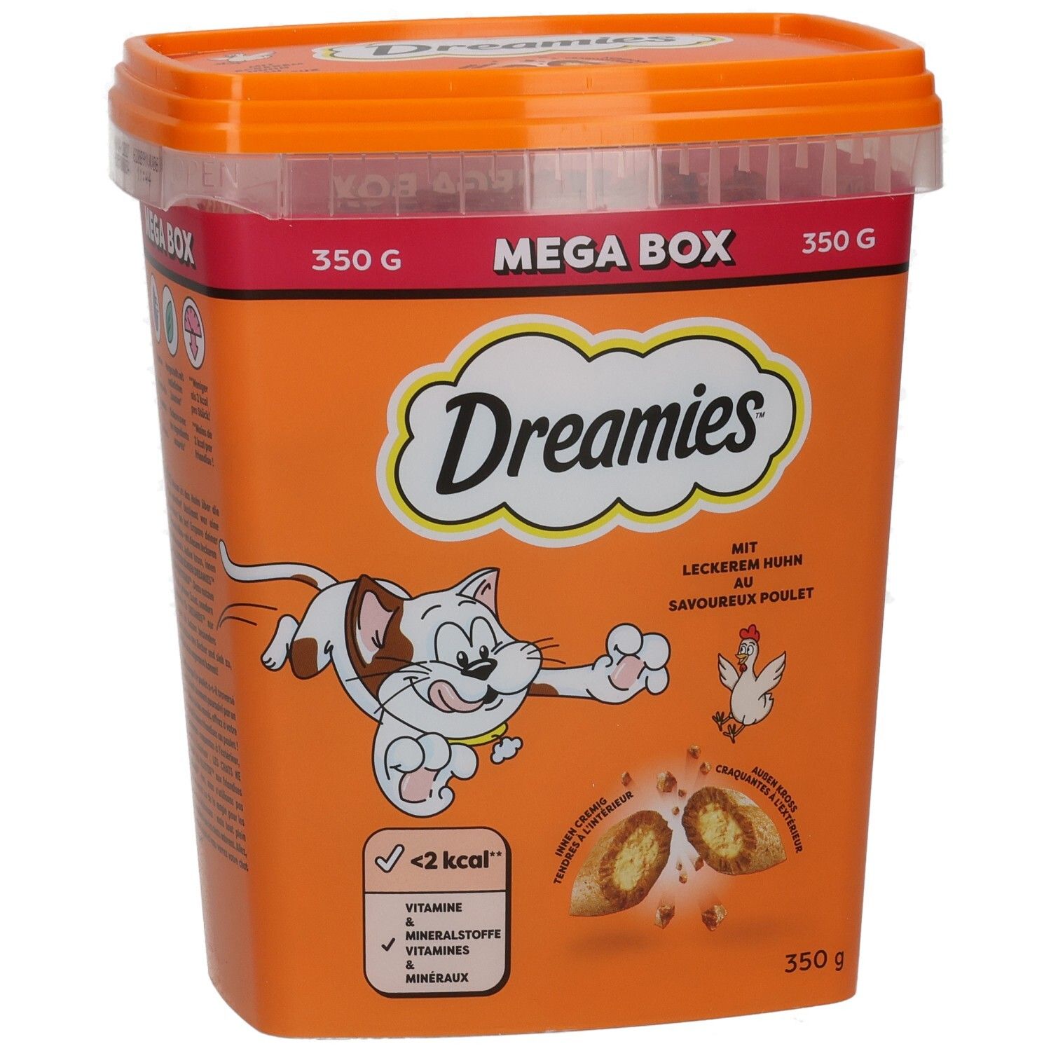 Dreamies Mega Box mit Huhn, 350g, Vorderseite mit Katze, Huhn und Snack-Illustration.