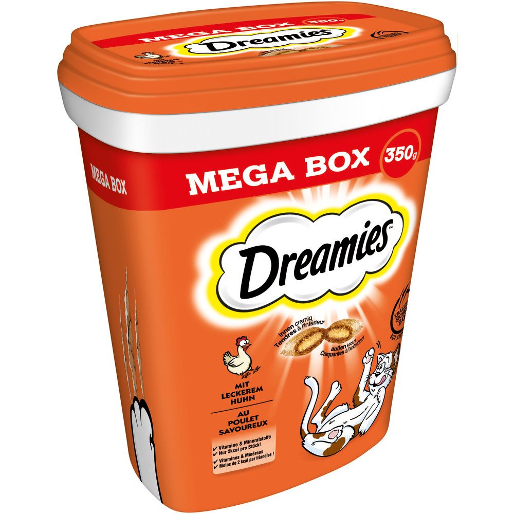 Dreamies Mega Box mit Huhn, 350g, schräge Ansicht des orangefarbenen Behälters.