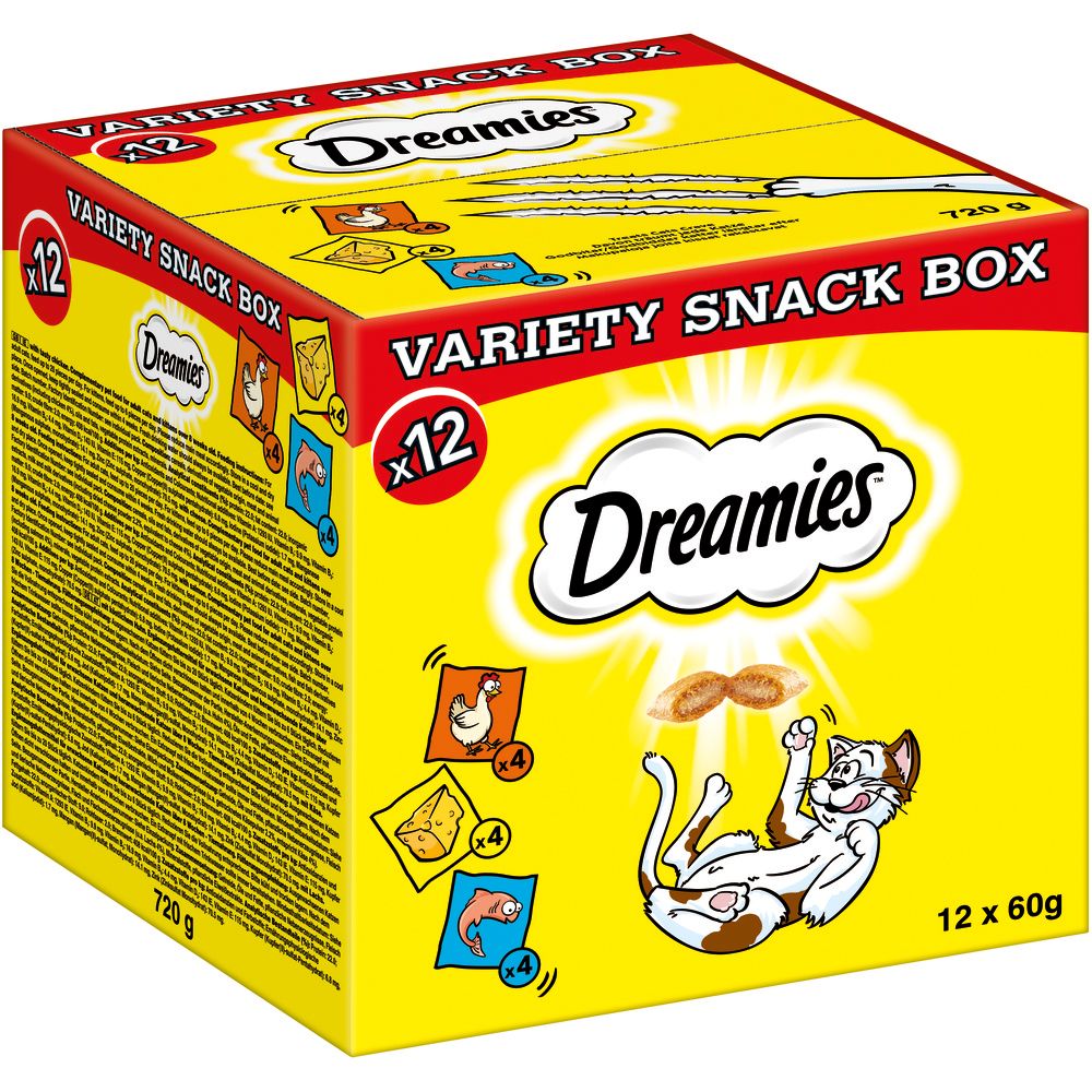Dreamies Variety Snack Box mit 12 Packungen, gelbe Verpackung mit Katze und Snack-Abbildungen.