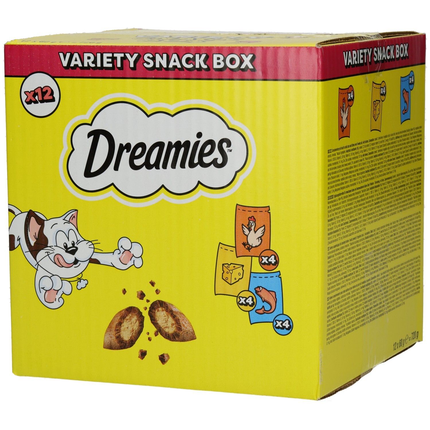 Dreamies Variety Snack Box mit 12 Packungen, gelbe Verpackung mit Katze und Snack-Abbildungen.