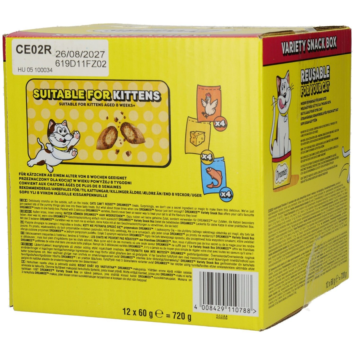 Dreamies Snack Box Rückseite: Geeignet für Kätzchen, mit CE-Kennzeichnung und Verfallsdatum.