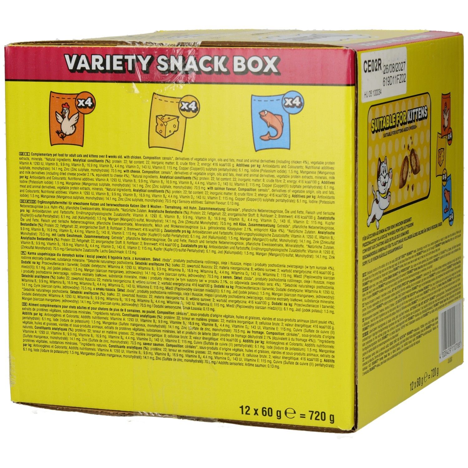 Dreamies Snack Box Rückseite: Geeignet für Kätzchen, mit CE-Kennzeichnung und Verfallsdatum.