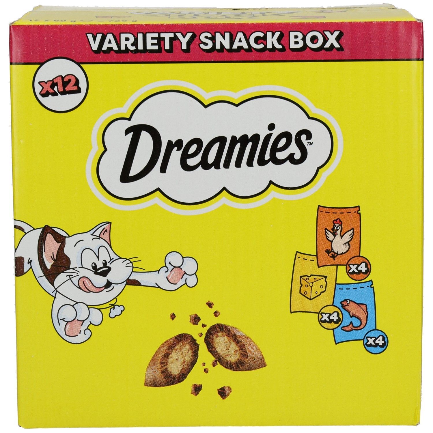 Dreamies Snack Box Vorderseite: 12 Packungen, gelbe Verpackung mit Katze und Snack-Abbildungen.