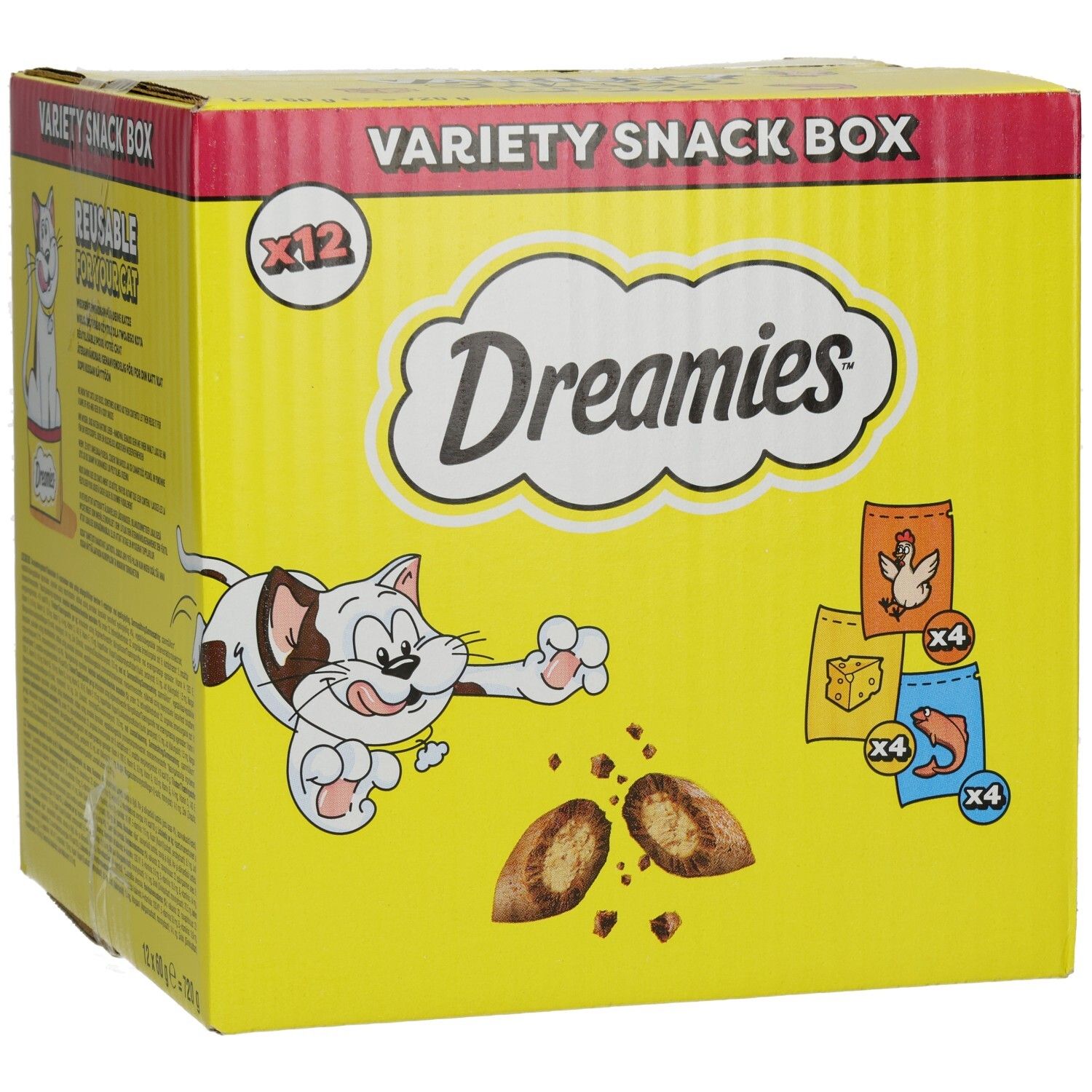 Dreamies Snack Box Vorderseite: 12 Packungen, gelbe Verpackung mit Katze und Snack-Abbildungen.