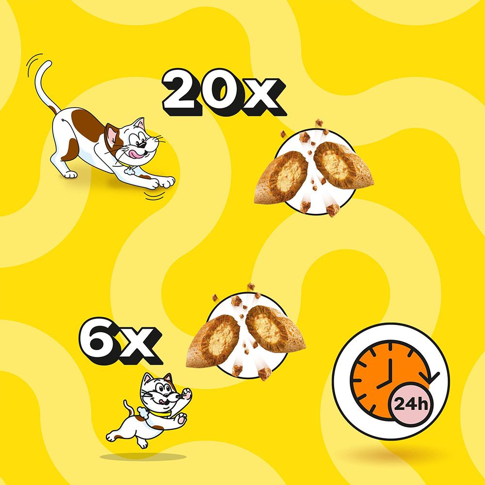 Dreamies Snacks: 20x und 6x Snacks, die von Katzen gefangen werden, mit 24h-Symbol.