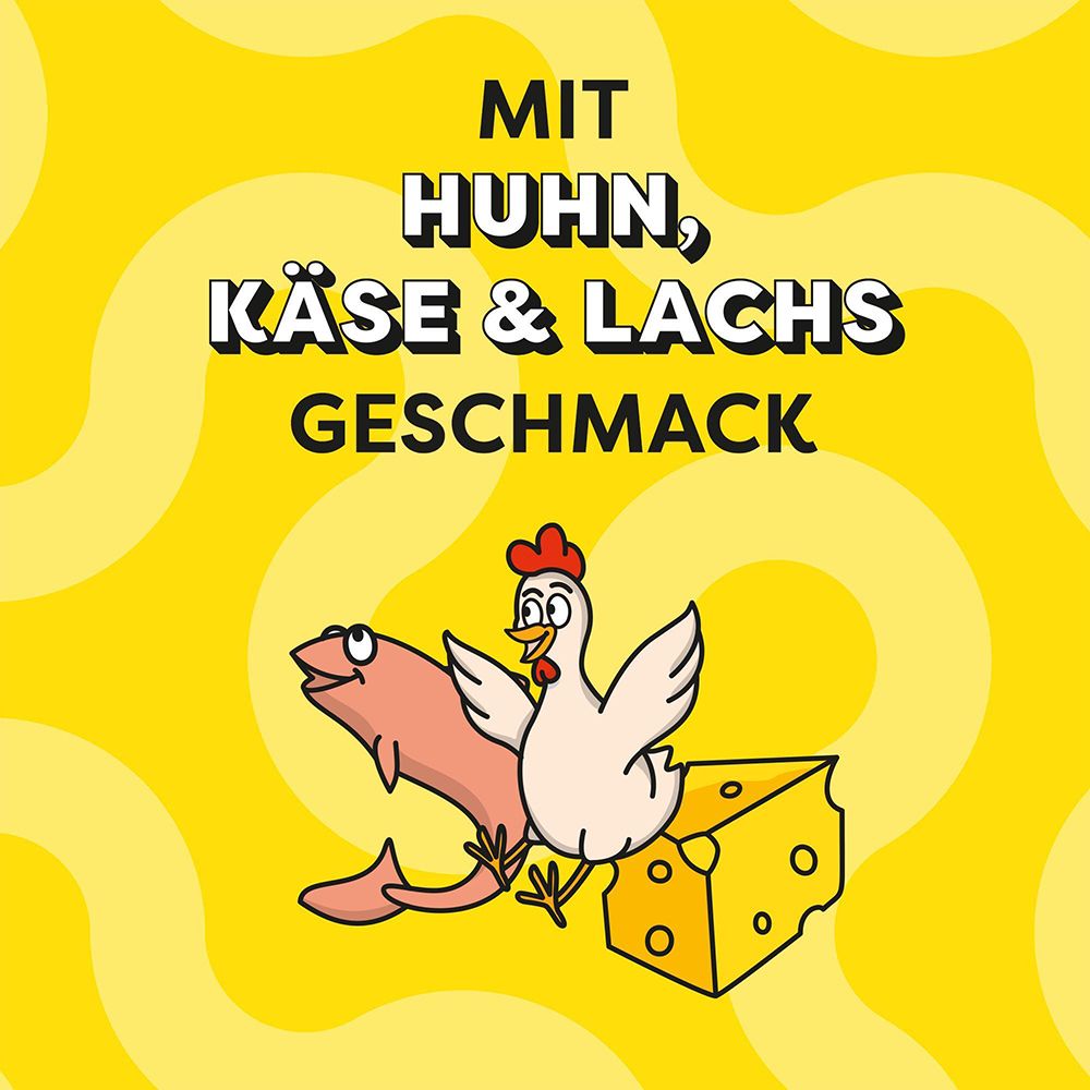 Dreamies Snacks mit Huhn-, Käse- und Lachsgeschmack, dargestellt durch Icons.