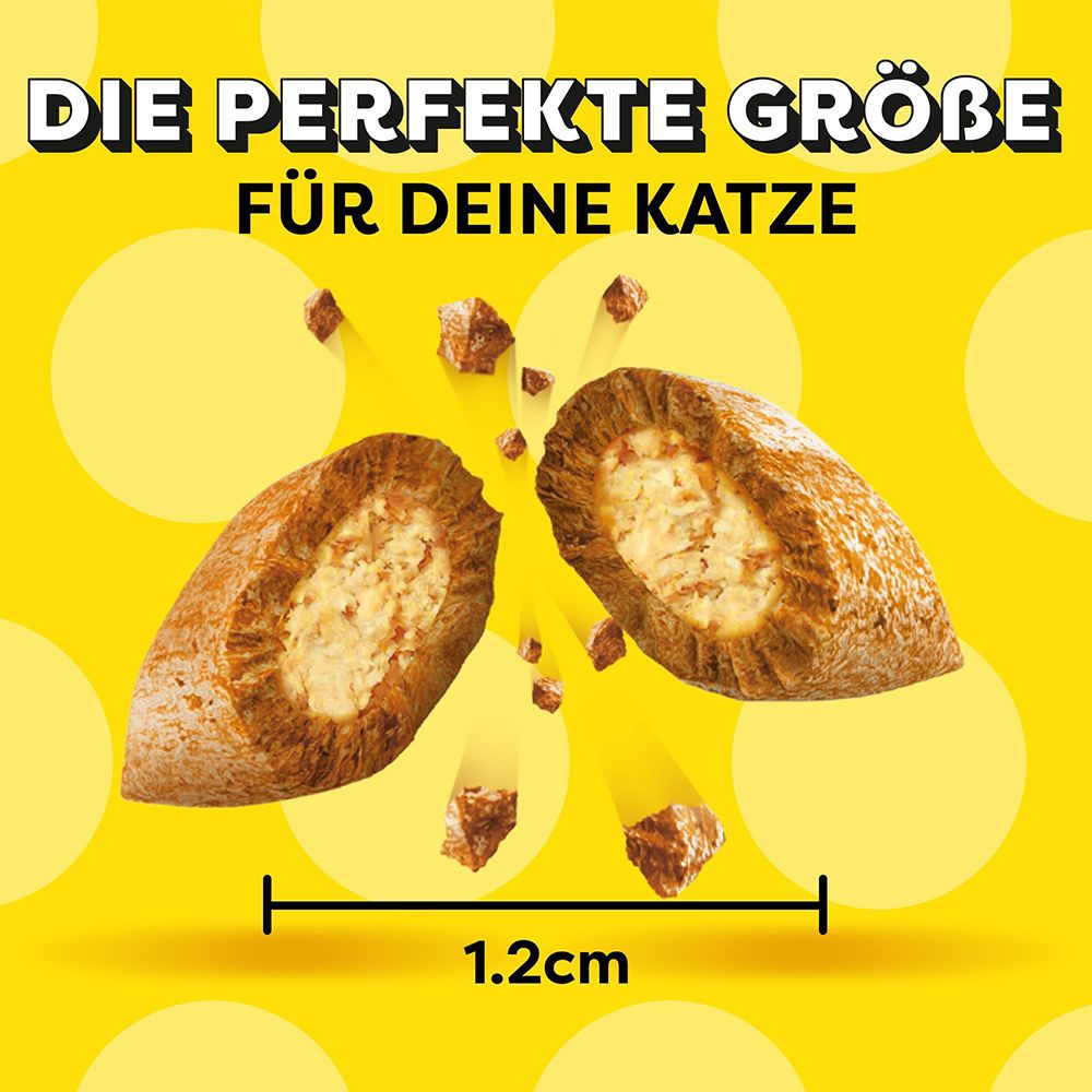 Dreamies Snacks: Die perfekte Größe für Ihre Katze, mit Größenangabe 1,2 cm.