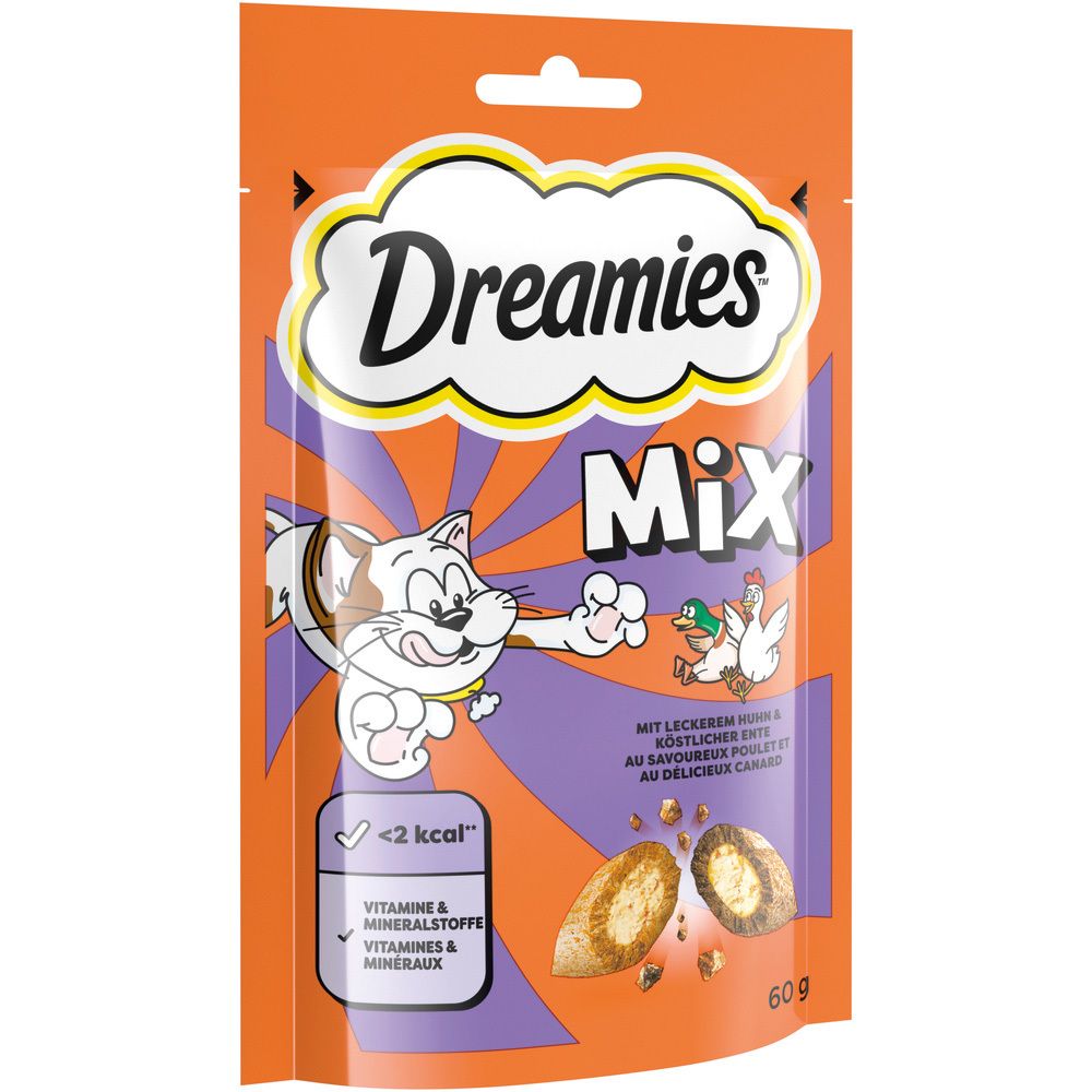 Dreamies Mix Katzenleckerli mit Huhn & Ente, 60g Beutel. Zeigt eine Katze und Hühner.
