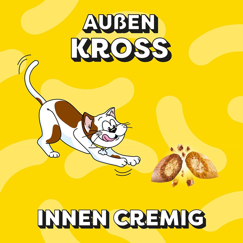 Dreamies Mix: Außen knusprig, innen cremig. Zeigt eine Katze und Leckerli-Stücke.