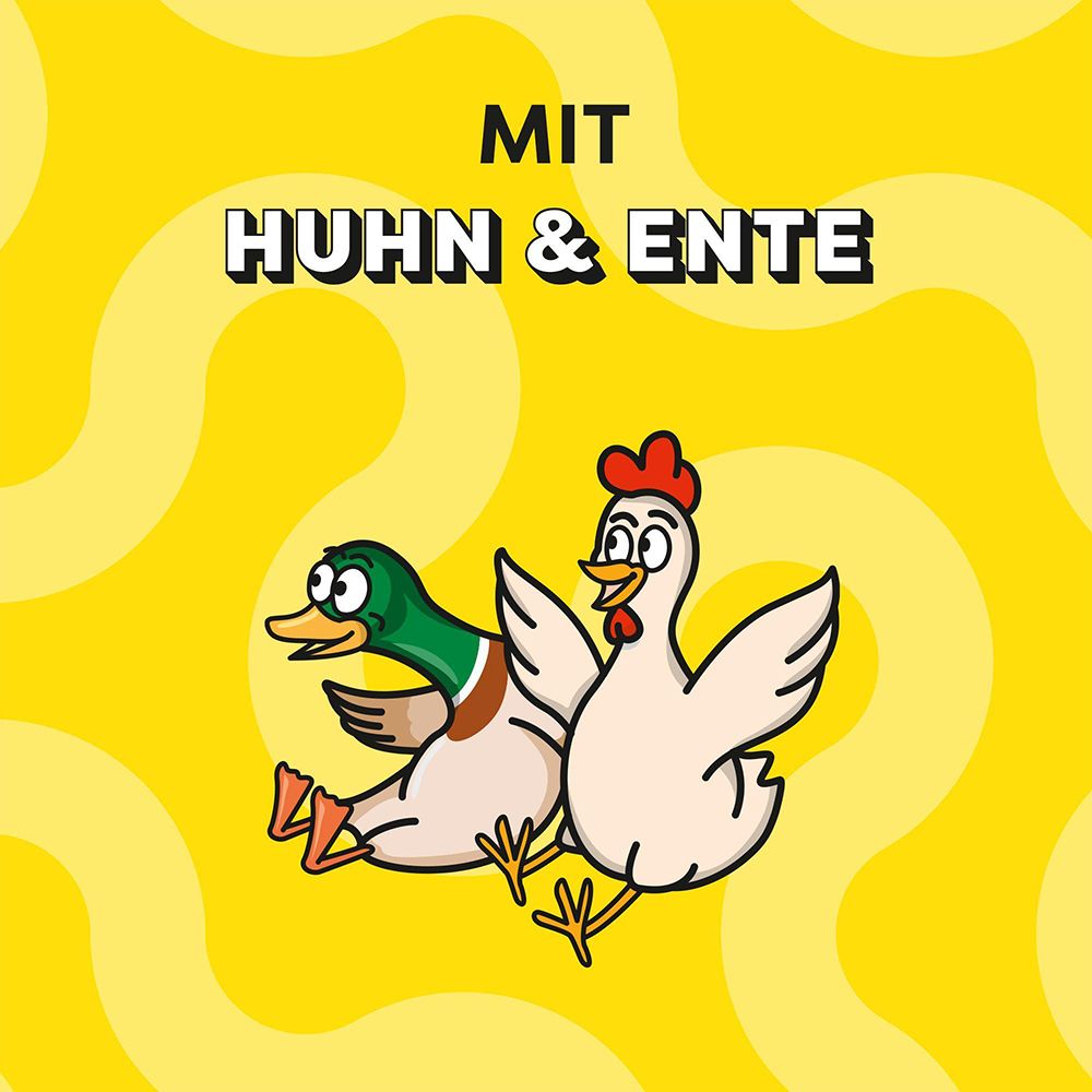 Dreamies Mix mit Huhn & Ente. Zeigt eine Ente und ein Huhn.