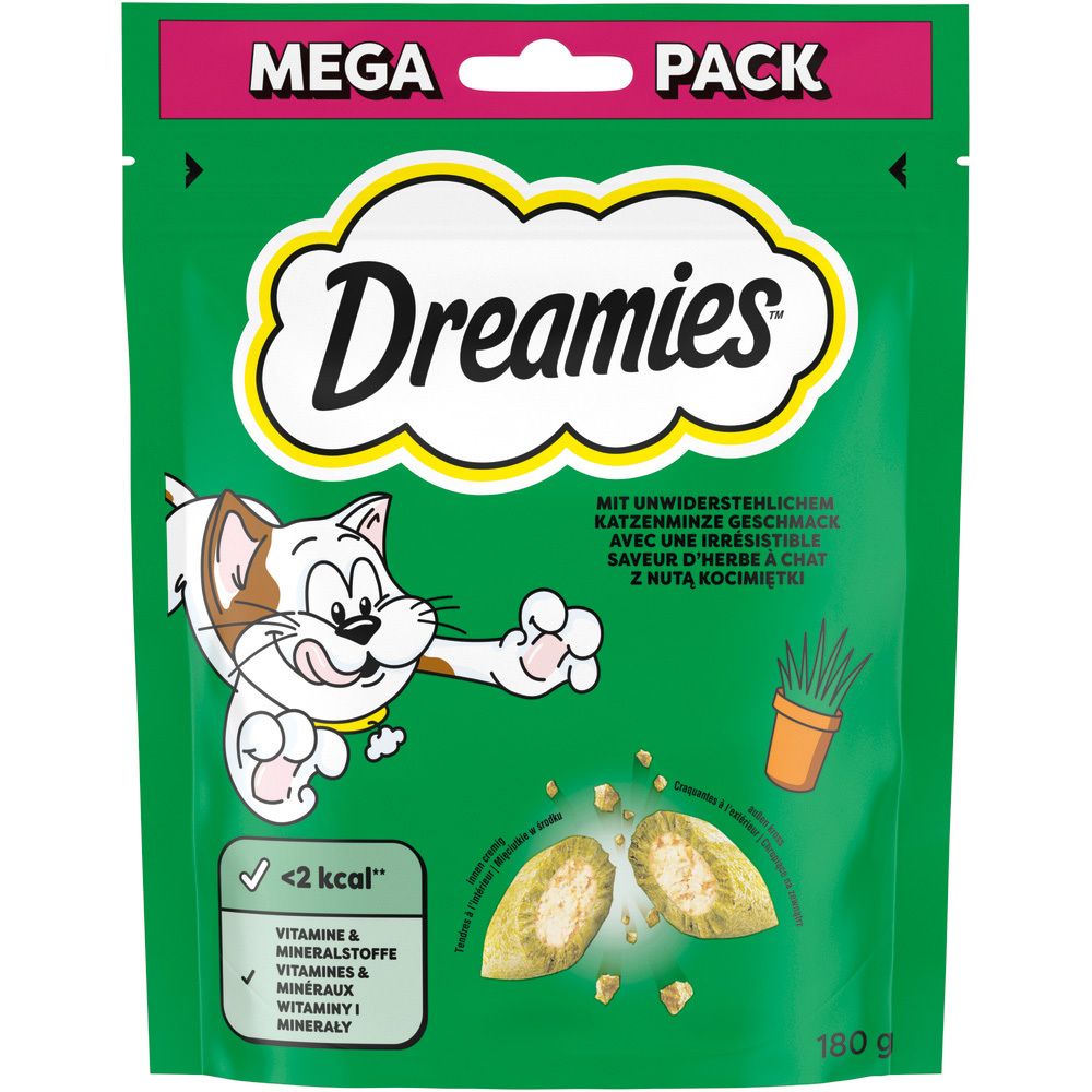 Dreamies Mega Pack Katzenfutter-Tüte mit Katze und Leckerlis.