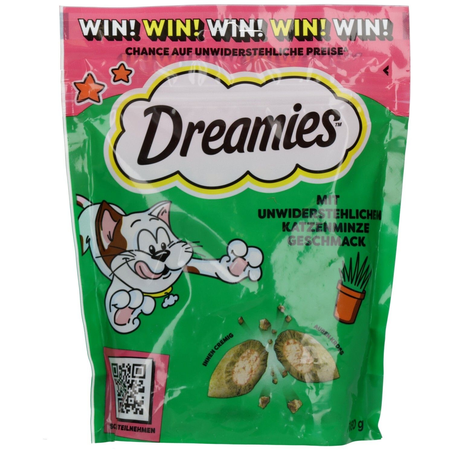 Dreamies Mega Pack Katzenfutter-Tüte mit Katze und Leckerlis.
