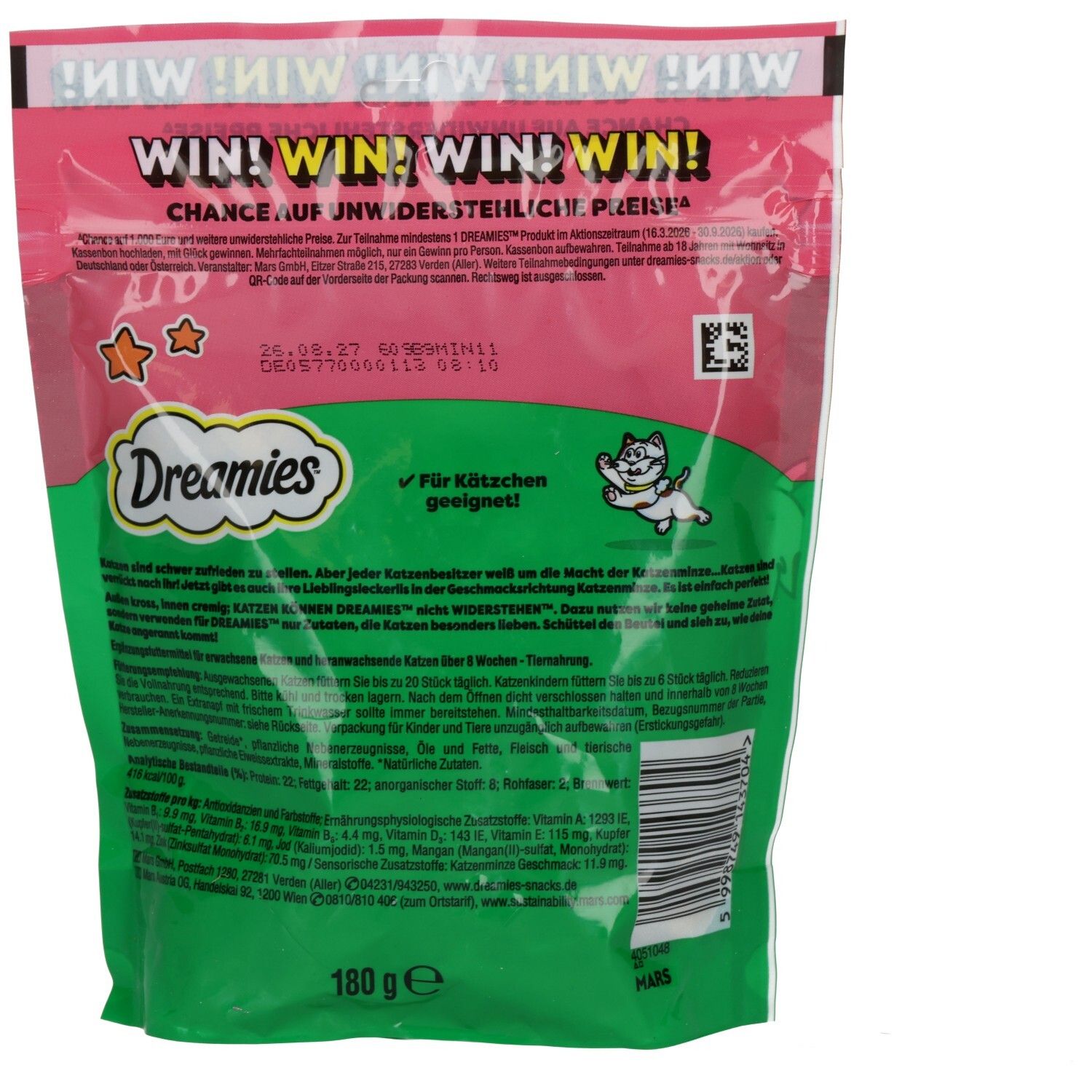 Rückseite Dreamies Mega Pack: Informationen und QR-Code.