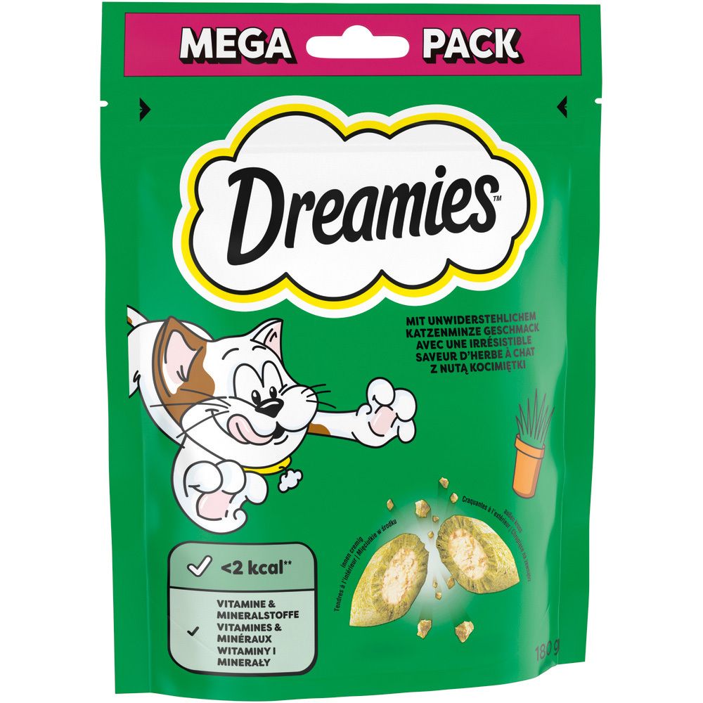 Dreamies Mega Pack Katzenfutter-Tüte mit Katze und Leckerlis.