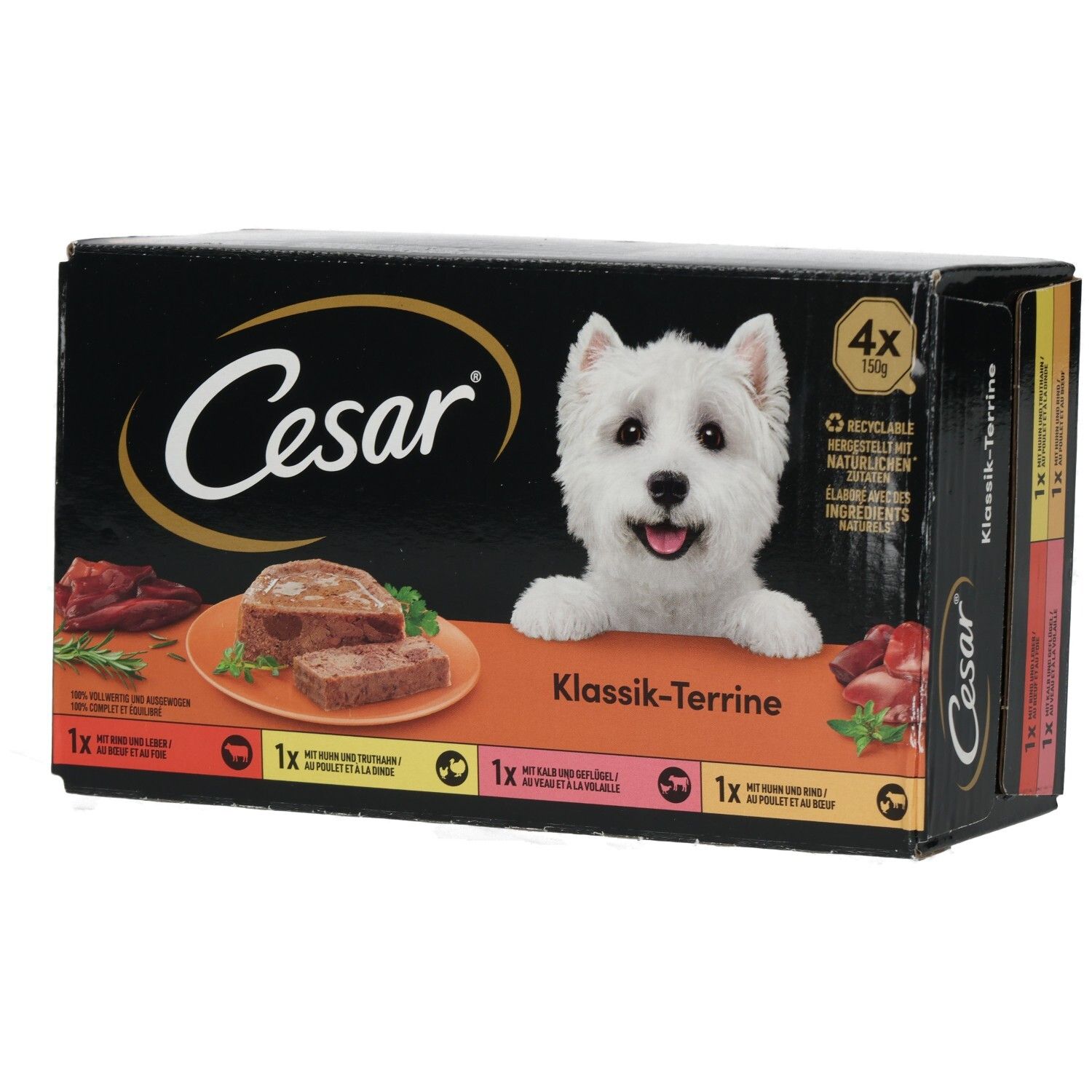 Cesar Klassik Terrine Hundefutter-Packung mit 4x 150g Schalen, zeigt einen West Highland Terrier.