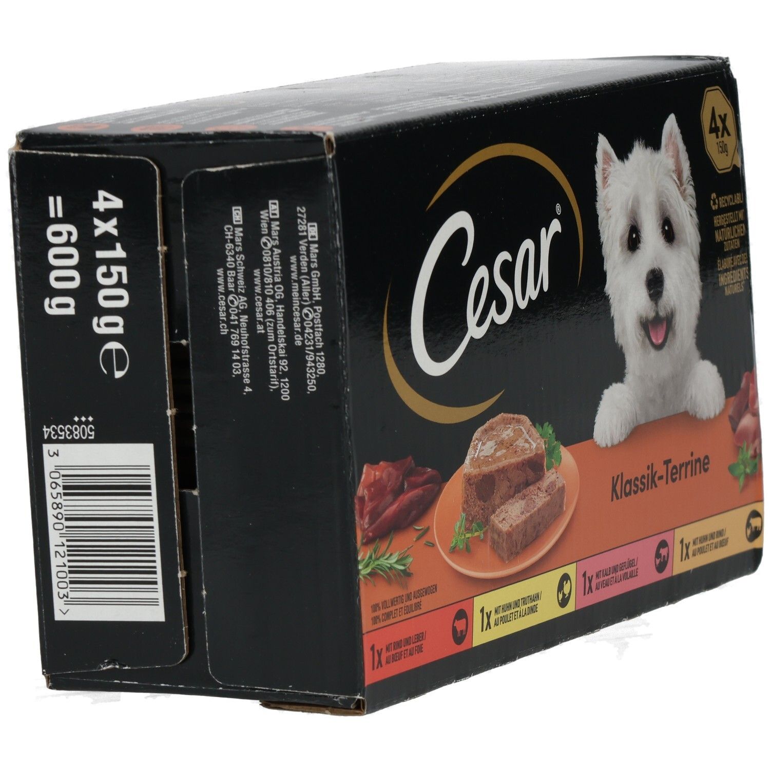 Rückseite einer Cesar Klassik Terrine Hundefutter-Packung, 4x 150g, mit Barcode und Produktinformationen.