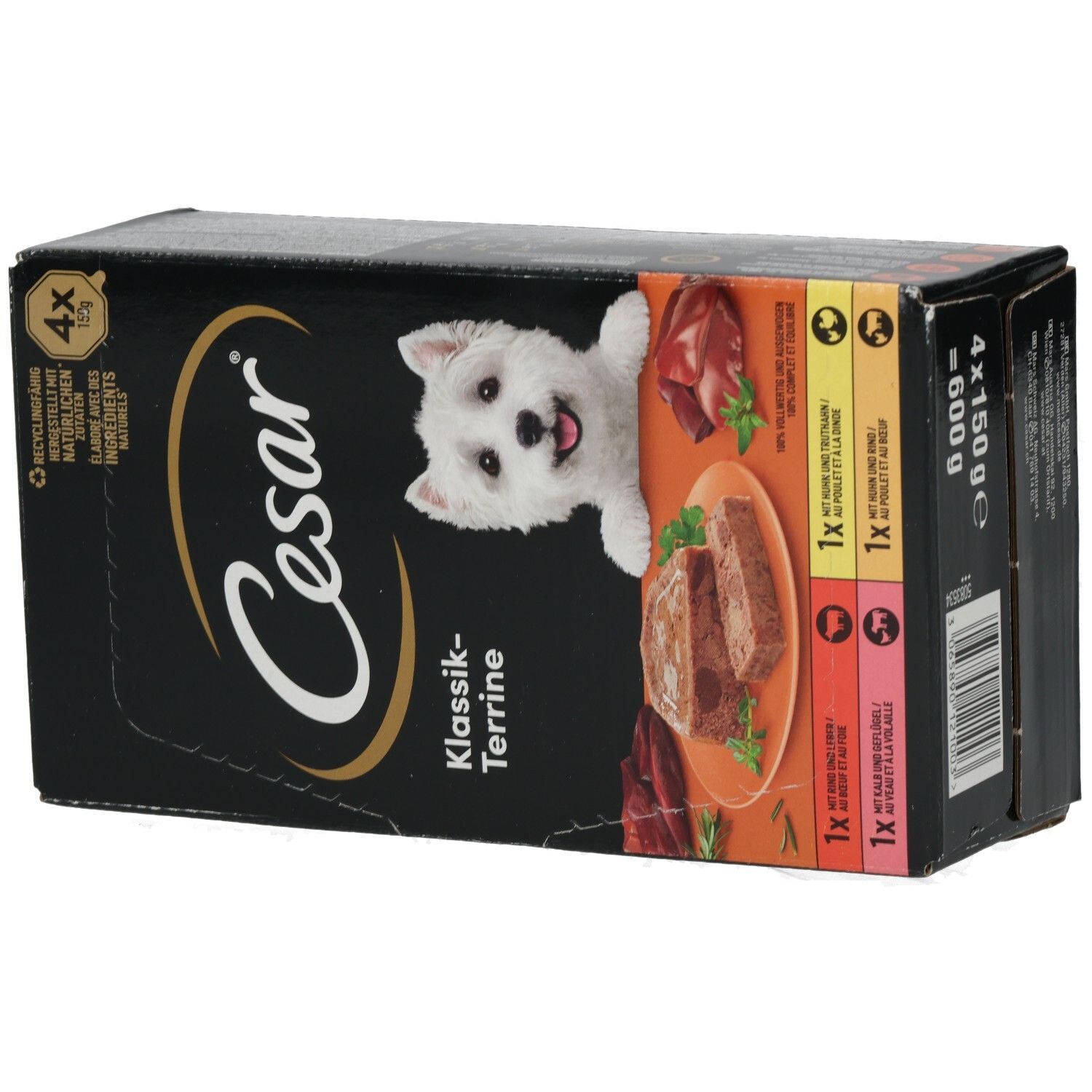 Seitenansicht einer Cesar Klassik Terrine Hundefutter-Packung, 4x 150g, mit Produktabbildung.