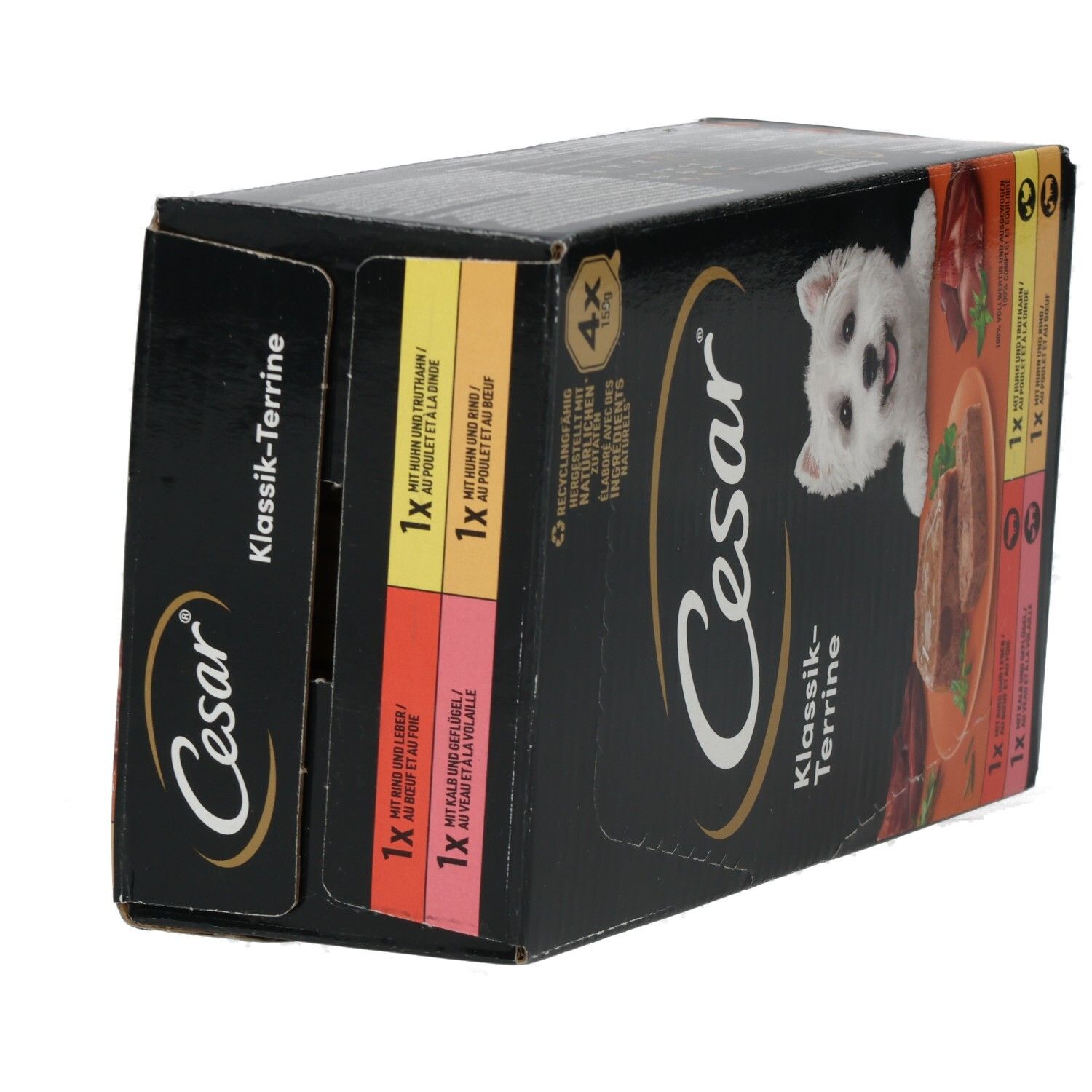 Cesar Klassik Terrine Hundefutter-Packung mit 4x 150g Schalen, zeigt einen West Highland Terrier.
