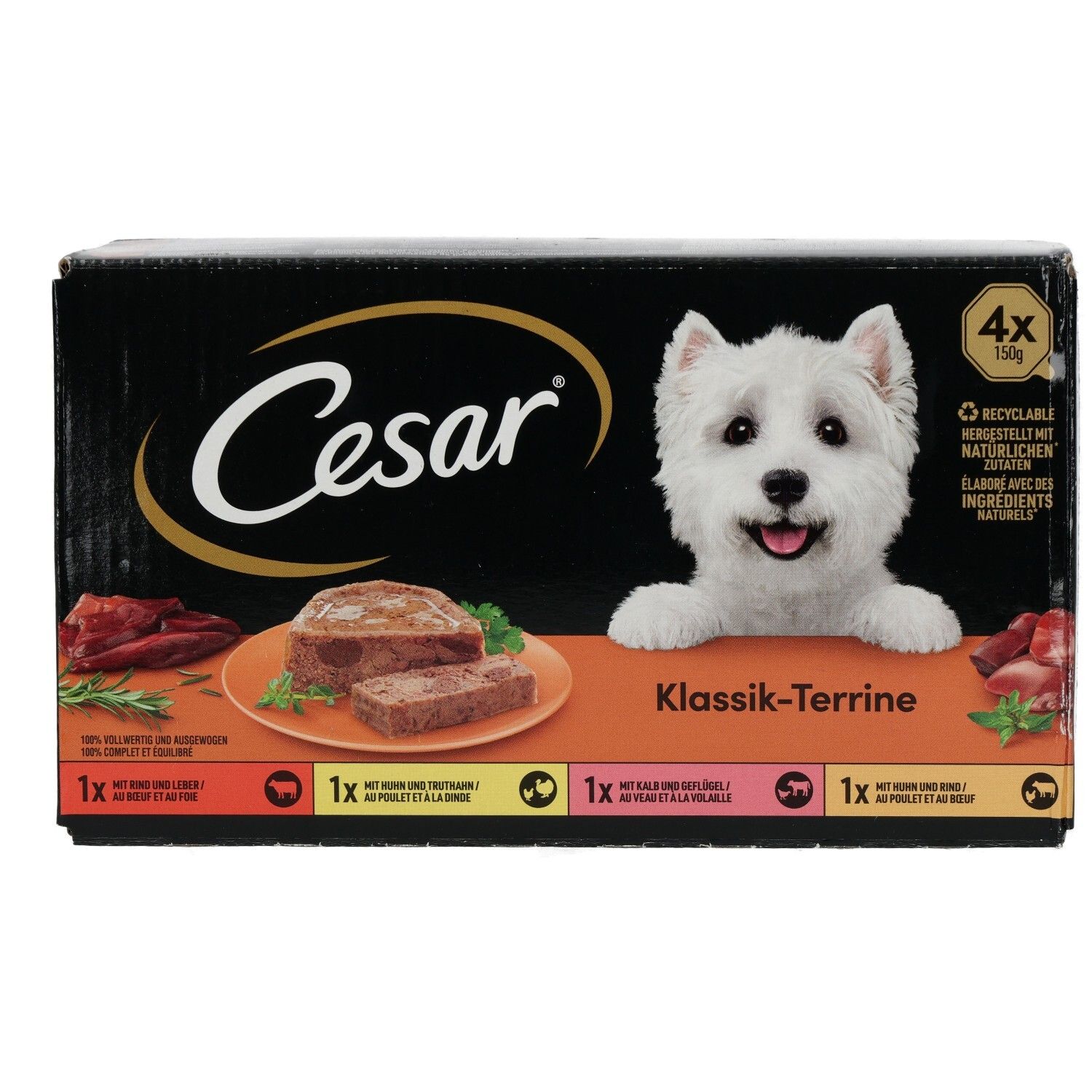 Cesar Klassik Terrine Hundefutter-Packung mit 4x 150g Schalen, zeigt einen West Highland Terrier.