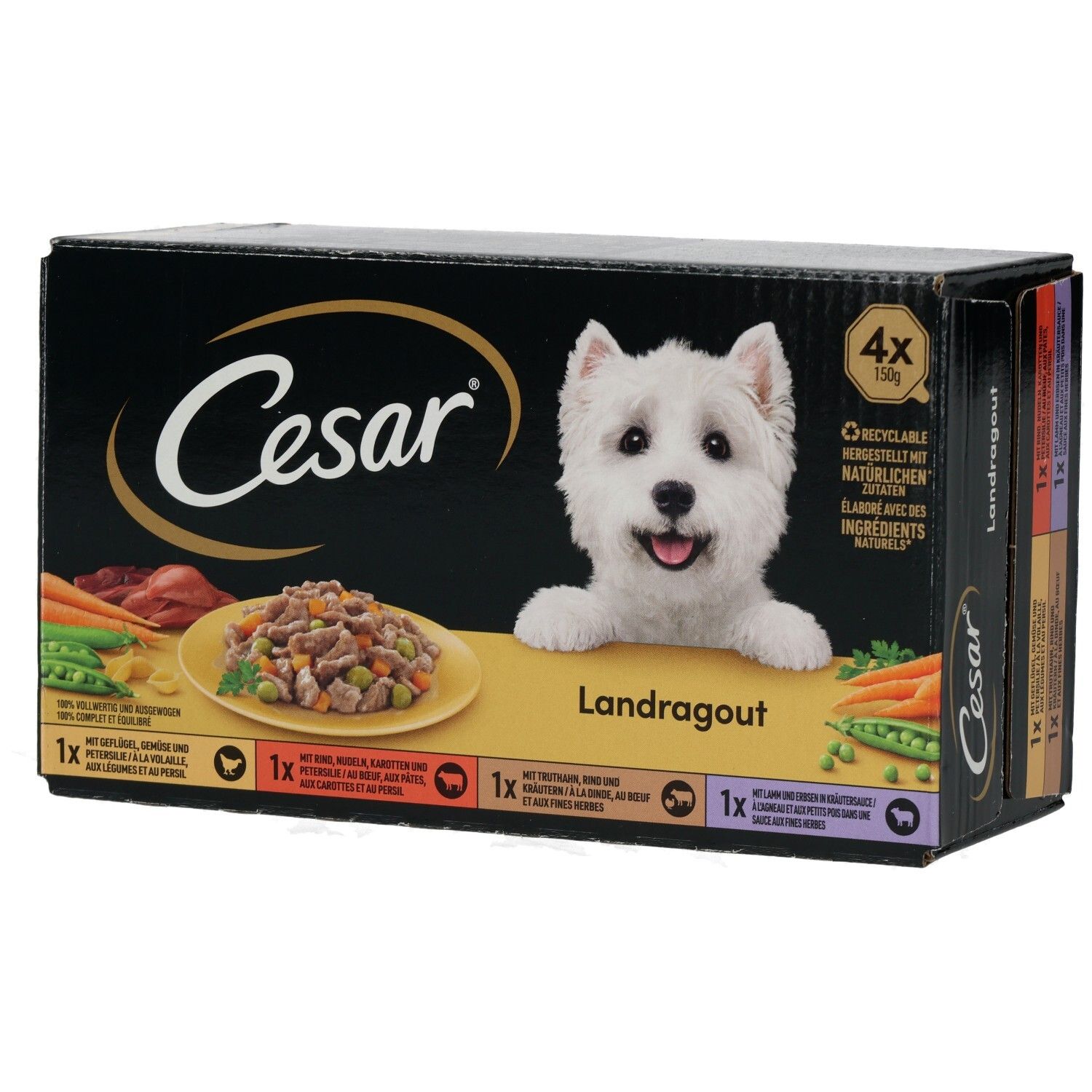 Cesar Landragout 4x150g Hundefutter-Packung mit einem West Highland White Terrier.