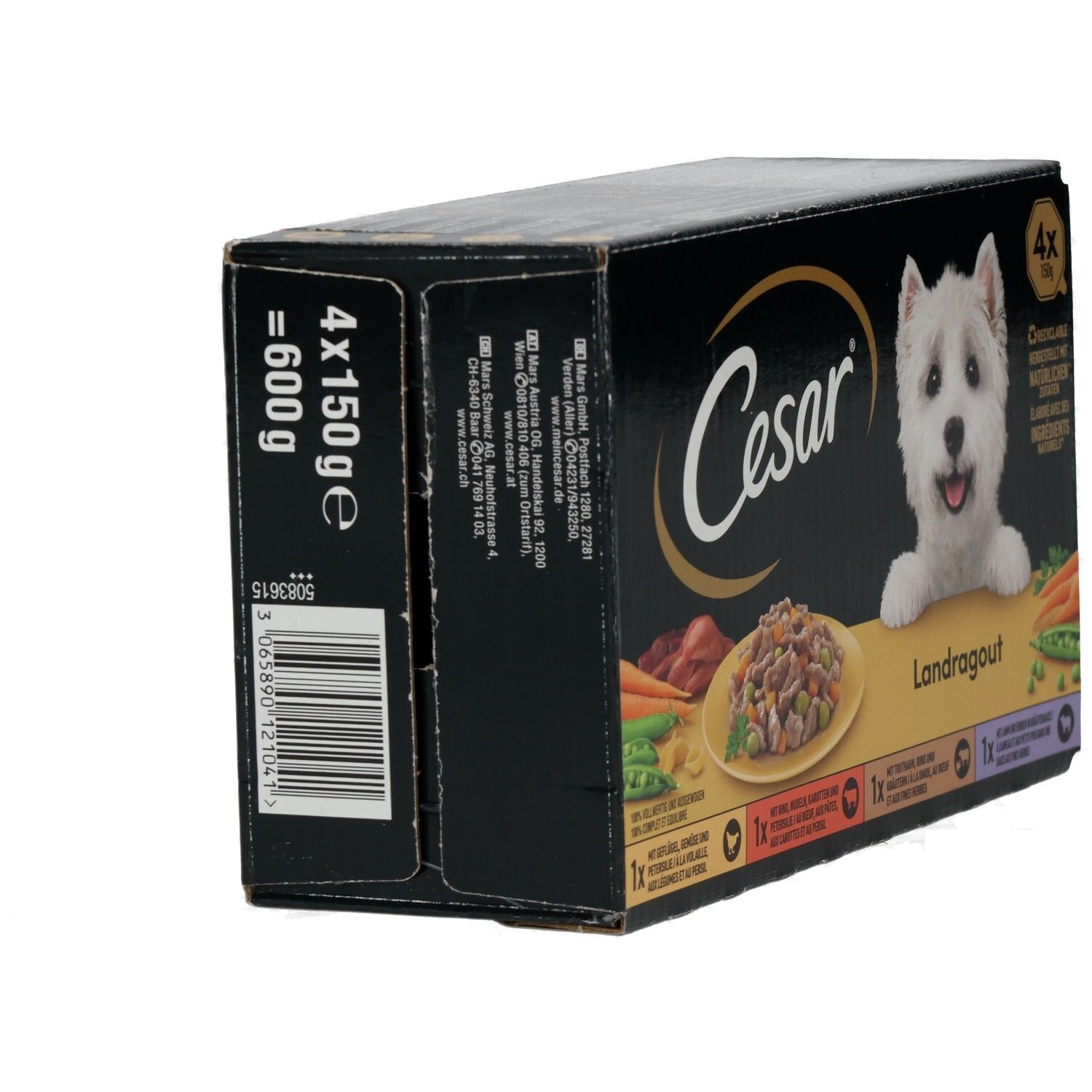 Cesar Landragout 4x150g Hundefutter-Packung, Seitenansicht mit Barcode.
