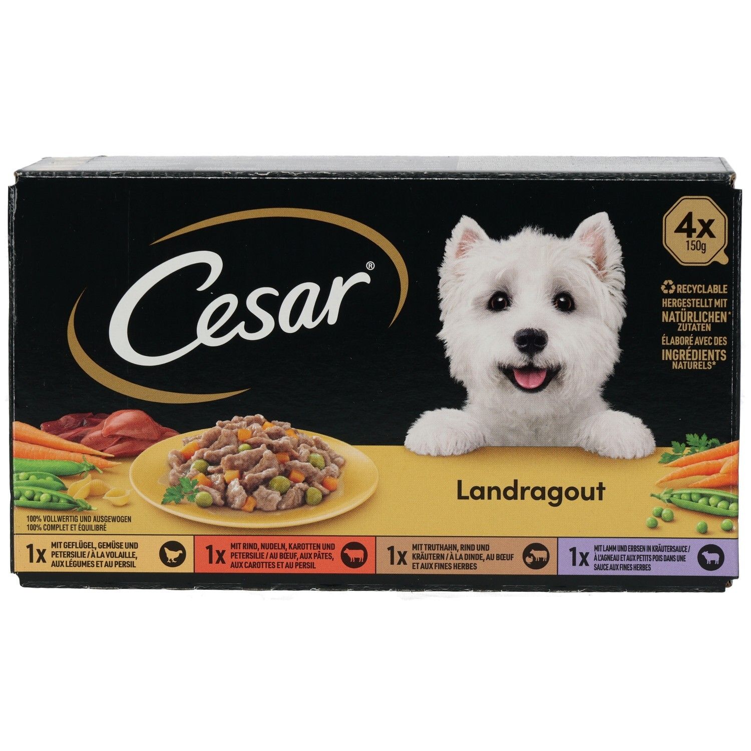 Cesar Landragout 4x150g Hundefutter-Packung mit einem West Highland White Terrier.