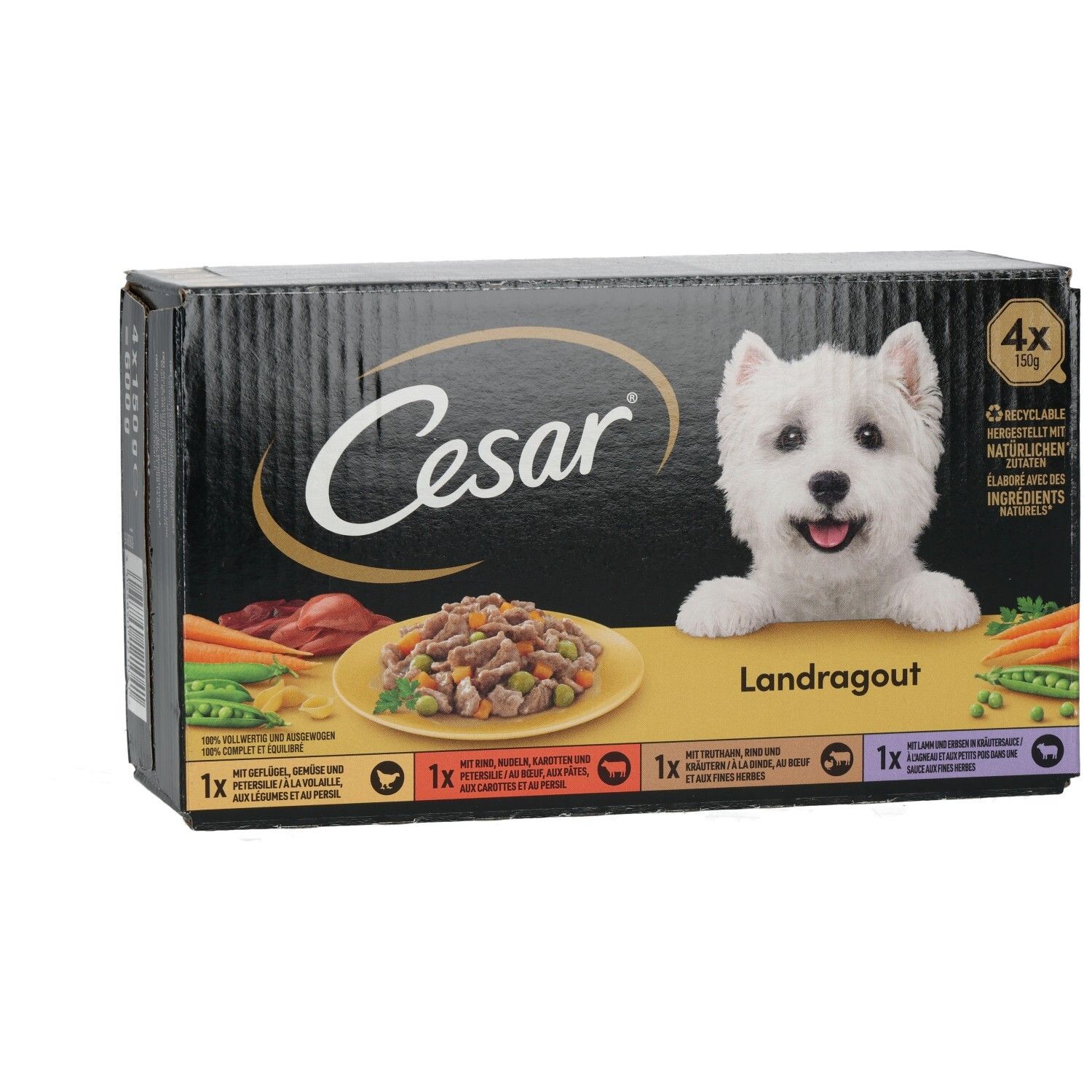 Cesar Landragout 4x150g Hundefutter-Packung mit einem West Highland White Terrier.