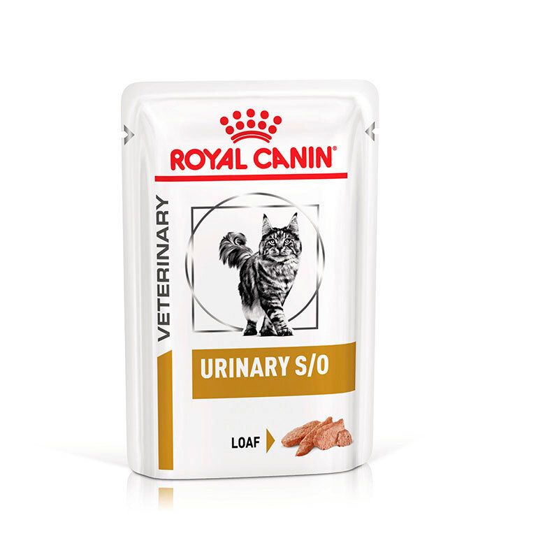 Royal Canin Urinary S/O Mousse Pouch für Katzen. Zeigt eine einzelne Pouch mit Katzenbild und Produktinformationen.