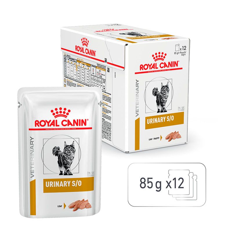 Royal Canin Urinary S/O Mousse Pouch und eine Box mit 12 Pouches. Zeigt 85g x12.