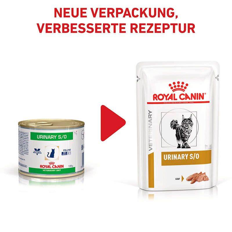 Vergleich von alter Dose und neuer Pouch Royal Canin Urinary S/O. "Neue Verpackung, verbesserte Rezeptur".