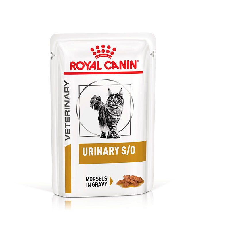 ROYAL CANIN® Veterinary URINARY S/O Feuchtnahrung Pouch mit Katzenmotiv und Produktinformationen.