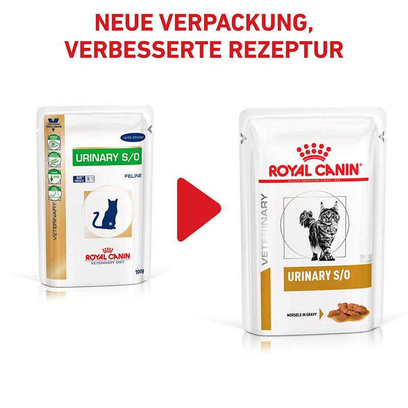 Vergleich von alter und neuer Verpackung ROYAL CANIN® Veterinary URINARY S/O Feuchtnahrung.