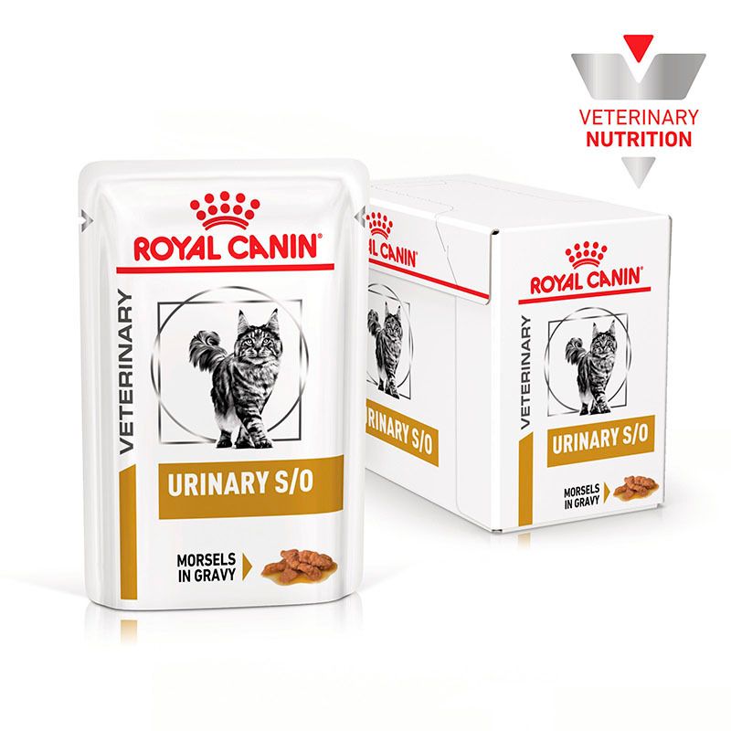ROYAL CANIN® Veterinary URINARY S/O Feuchtnahrung Pouch und Karton.