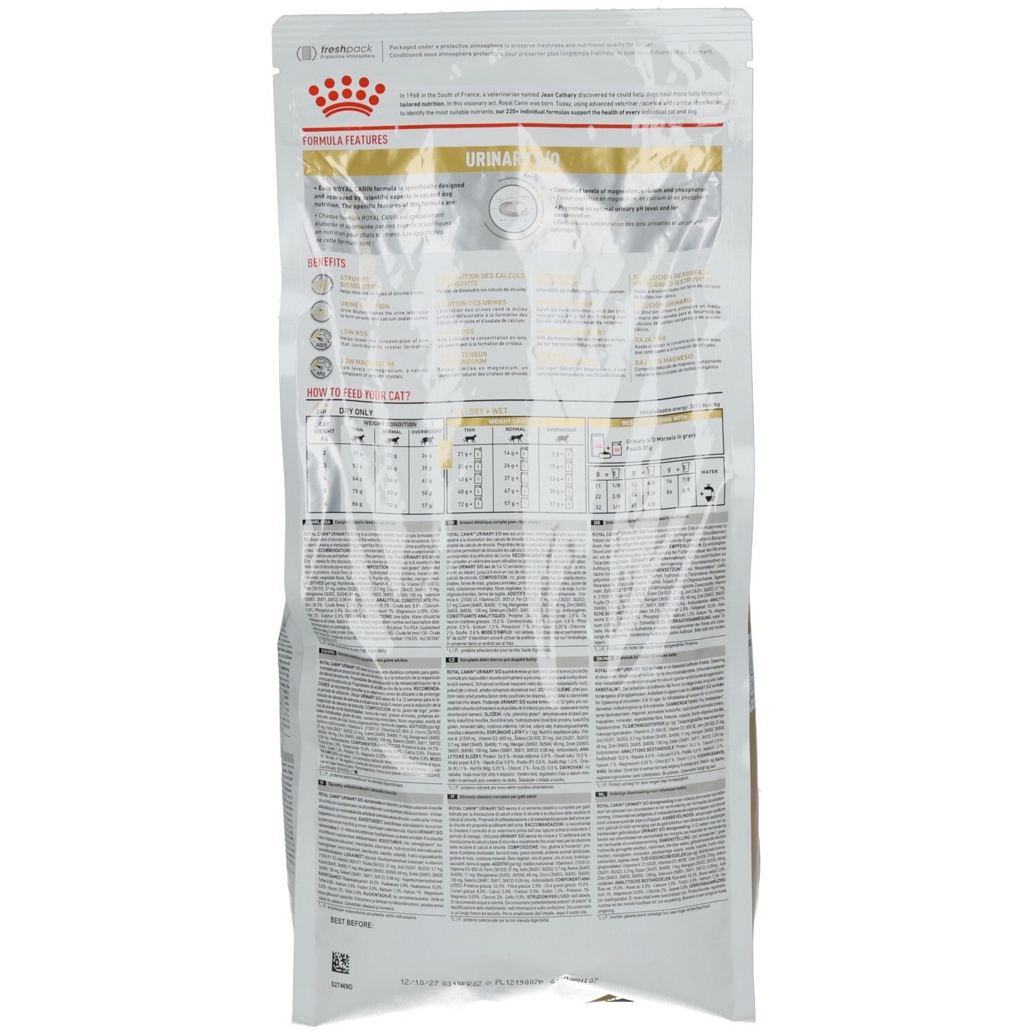 Rückseite des Royal Canin Urinary S/O Katzenfutterbeutels mit Nährwertangaben.