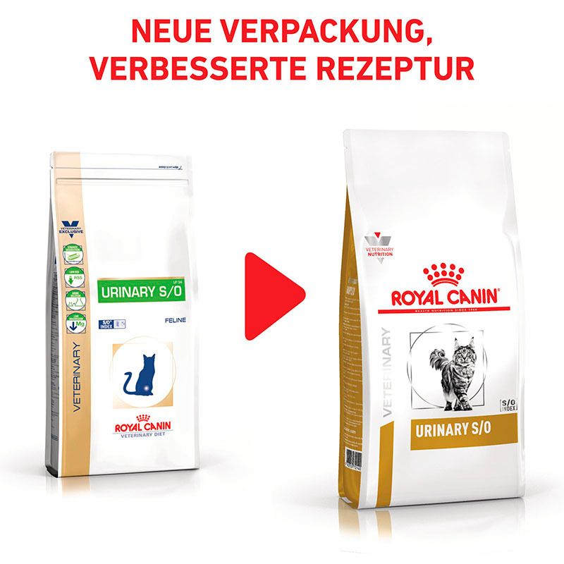 Verpackungsvergleich: Alte und neue ROYAL CANIN® Veterinary URINARY S/O Trockennahrung für Katzen.