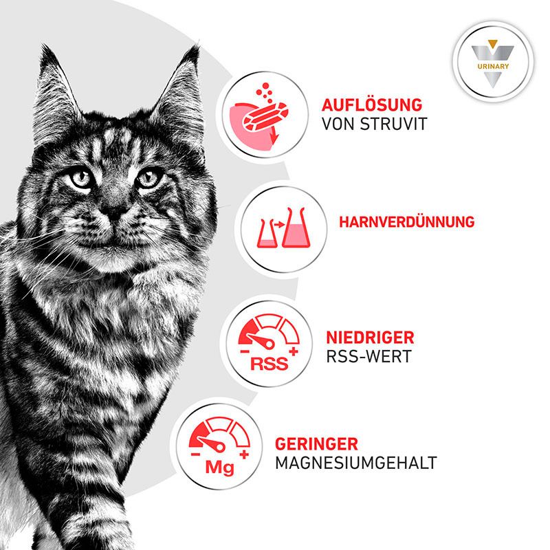 ROYAL CANIN® Veterinary URINARY S/O: Struvitauflösung, Harnverdünnung, niedriger RSS-Wert, geringer Magnesiumgehalt.