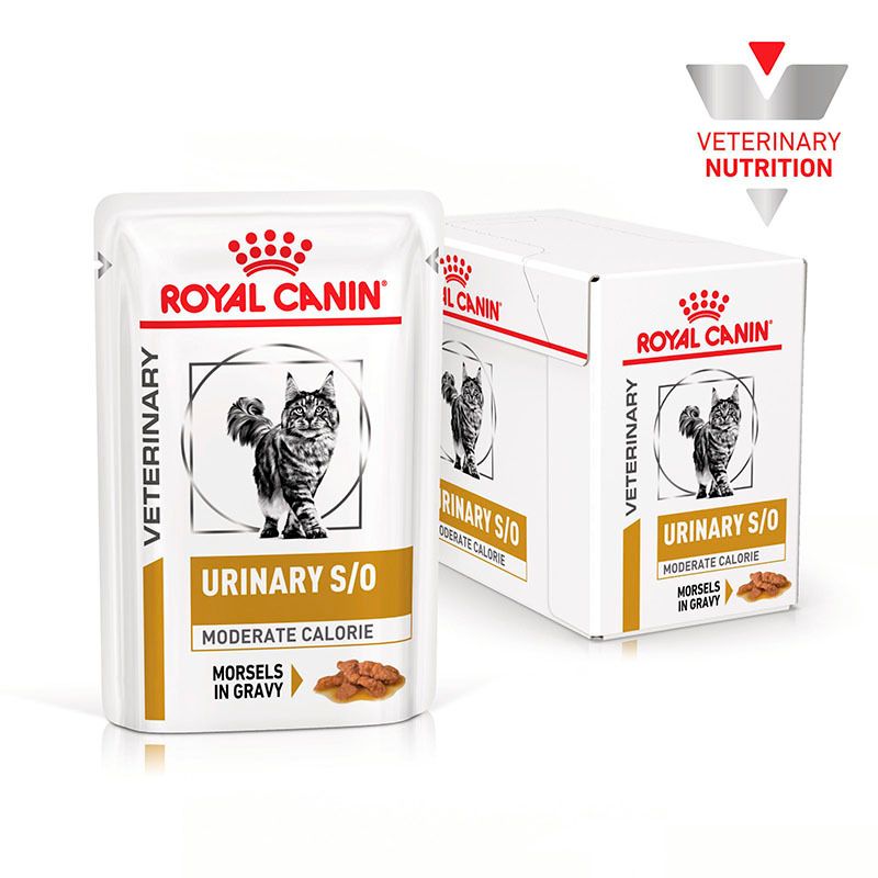 Royal Canin Veterinary Urinary S/O Moderate Calorie Katzenfutter Beutel und Karton.