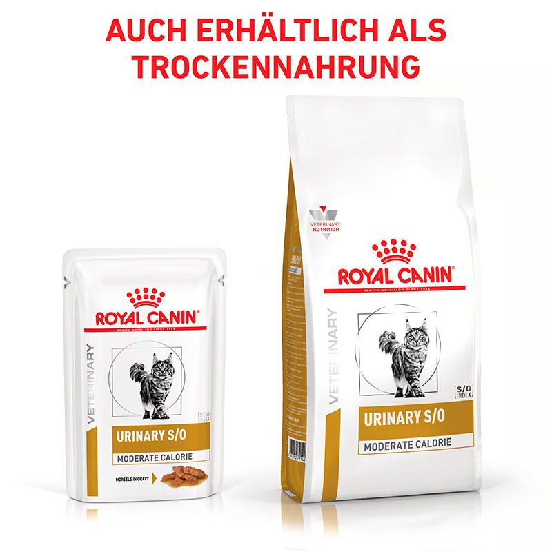 Royal Canin Veterinary Urinary S/O Moderate Calorie Katzenfutter Beutel und Trockenfutter-Sack.
