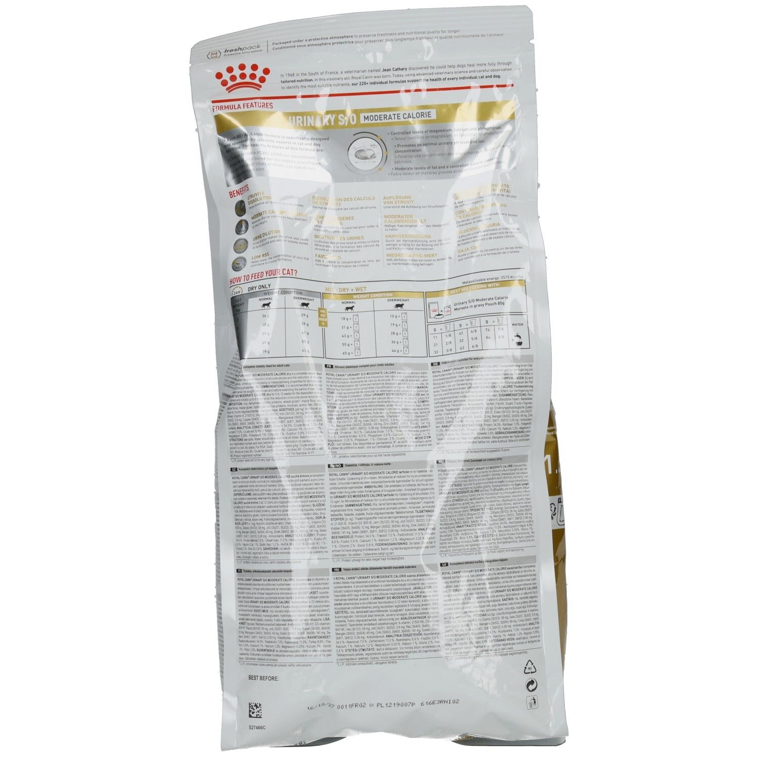 Rückseite des Beutels Royal Canin Urinary S/O Moderate Calorie mit detaillierten Fütterungstabellen und Inhaltsstoffen.