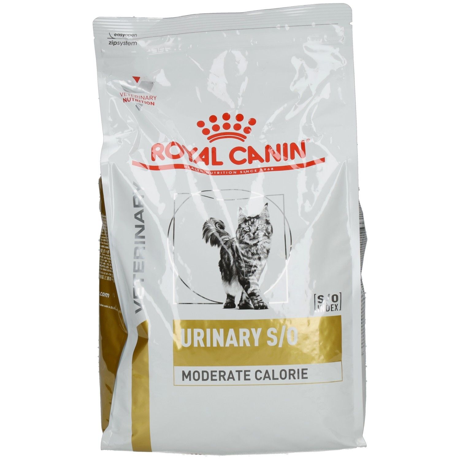 Royal Canin Urinary S/O Moderate Calorie Katzenfutter-Packung mit einer Abbildung einer Katze.