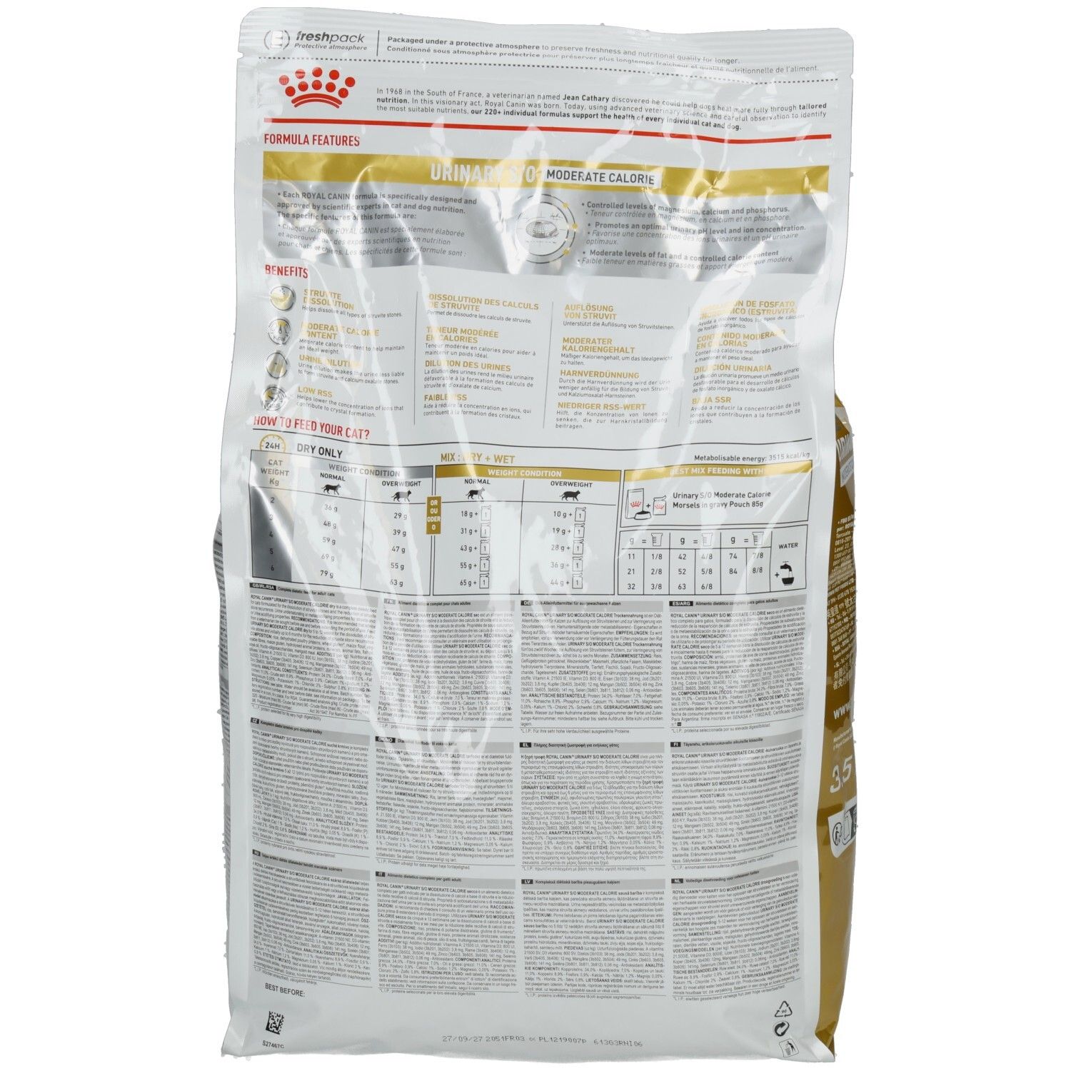 Rückseite einer Royal Canin Urinary S/O Moderate Calorie Katzenfutter-Packung mit detaillierten Informationen.