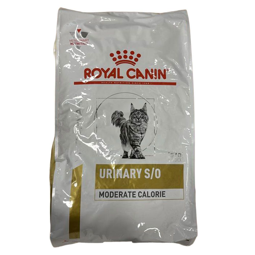 Royal Canin Urinary S/O Moderate Calorie Katzenfutter-Packung mit einem Maine Coon-Motiv.